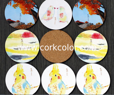 Wooden cork coaster with transparent vanished finished edge, Customized size and printed logo for home and hotel