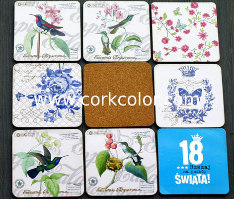Wooden cork coaster with transparent vanished finished edge, Customized size and printed logo for home and hotel