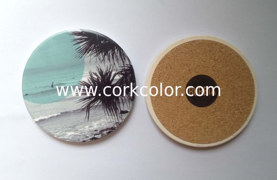 Round ceramic coaster with cork backing and UV printed/ silkscreen logo