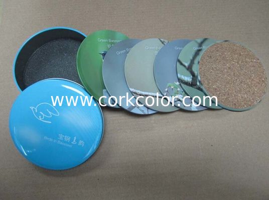 Promotional cheap fashion tin coaster with cork base set 4  in tin box