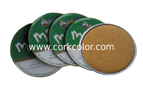 Widely used round shape tin coaster with cork base set 4  in tin box