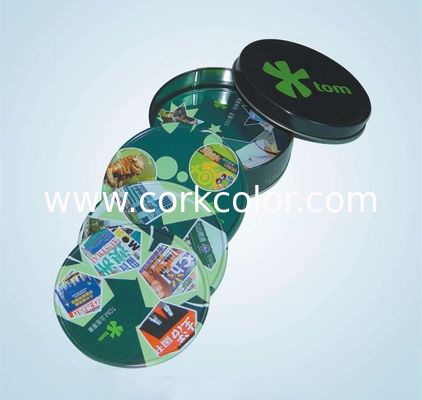 Widely used round shape tin coaster with cork base set 4  in tin box
