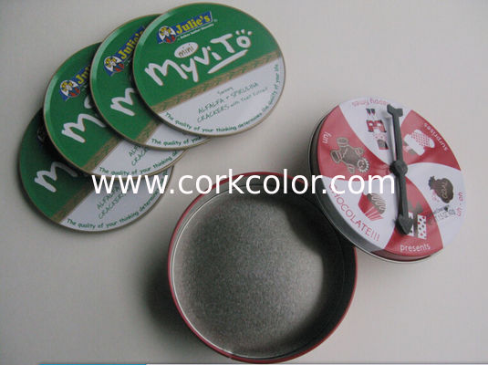 Widely used round shape tin coaster with cork base set 4  in tin box