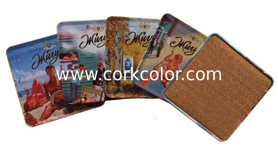 Mordern style Square Shape tin coaster with cork base set 4 in a tin box