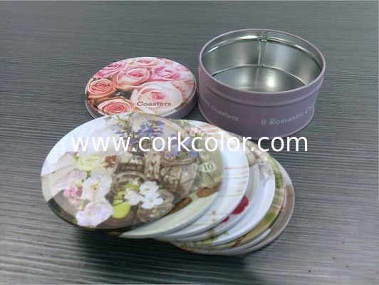 Mordern style Square Shape tin coaster with cork base set 4 in a tin box