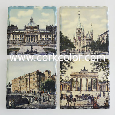 Top Rated 4'' Shiny Square Ceramic Cork Coaster for Gift Use in White Color